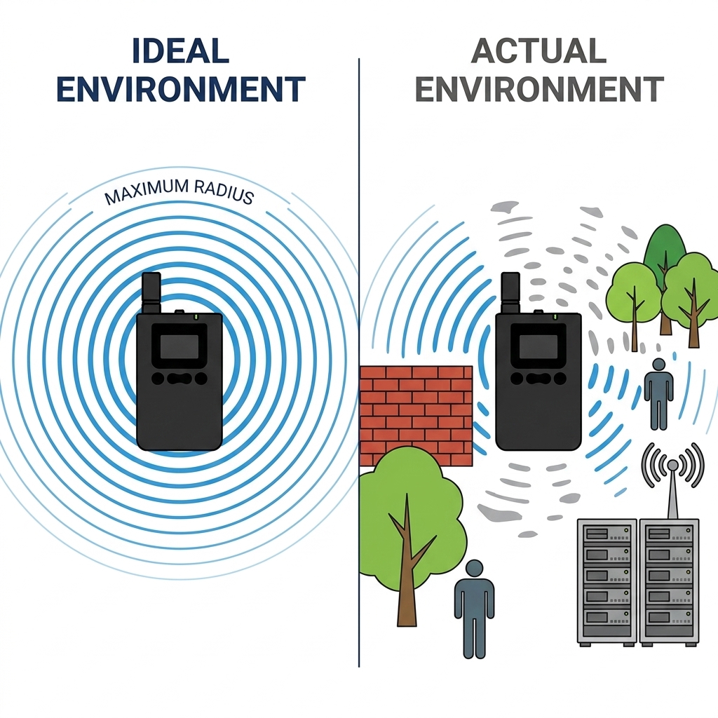 Comparison of theoretical signal range and actual coverage area of tour guide systems